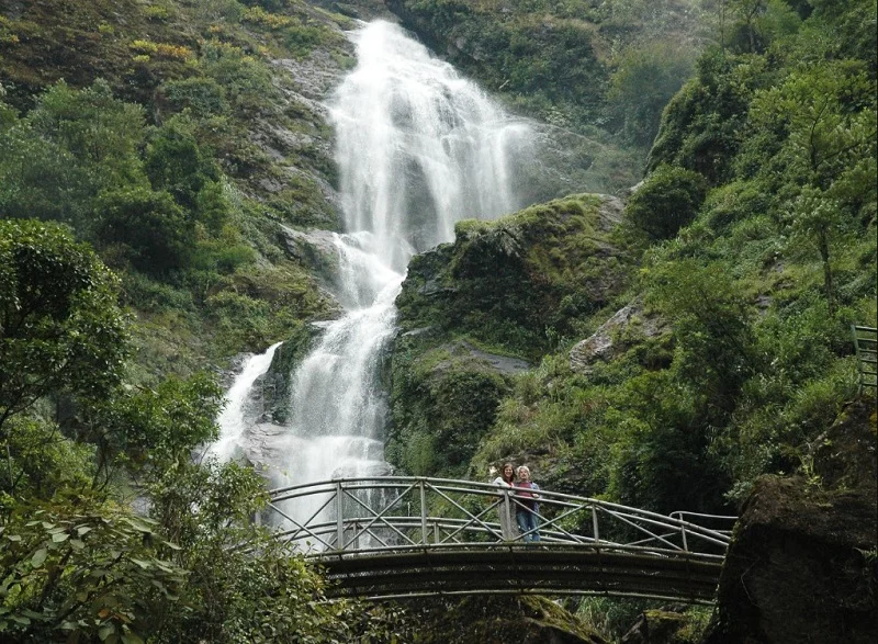 La cascade d’Argent, majestueuse et élevée, déverse une eau blanche depuis la montagne, offrant un paysage sauvage.
